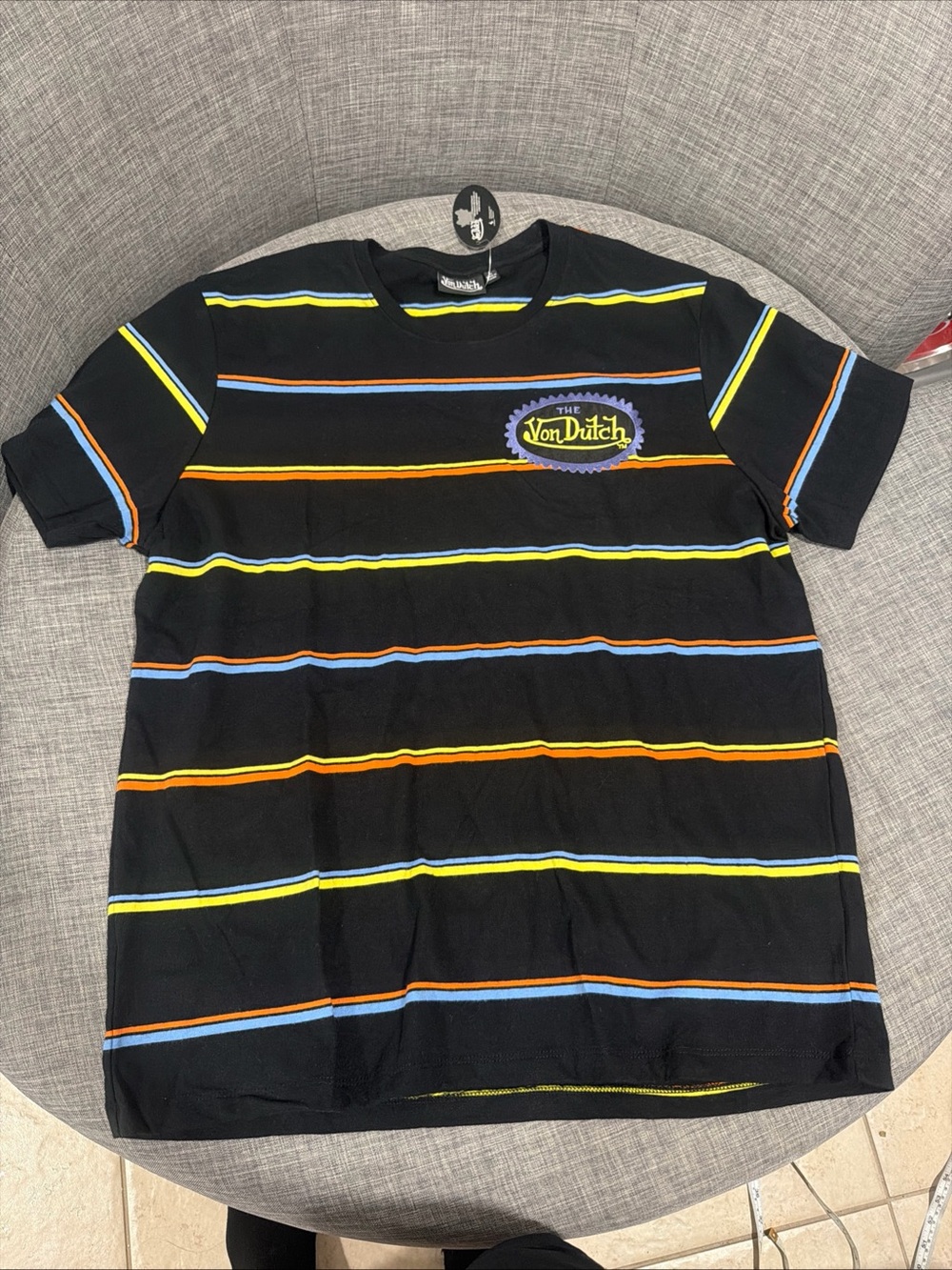 Von Dutch Black Tee with Yellow & Blue Stripe Accents